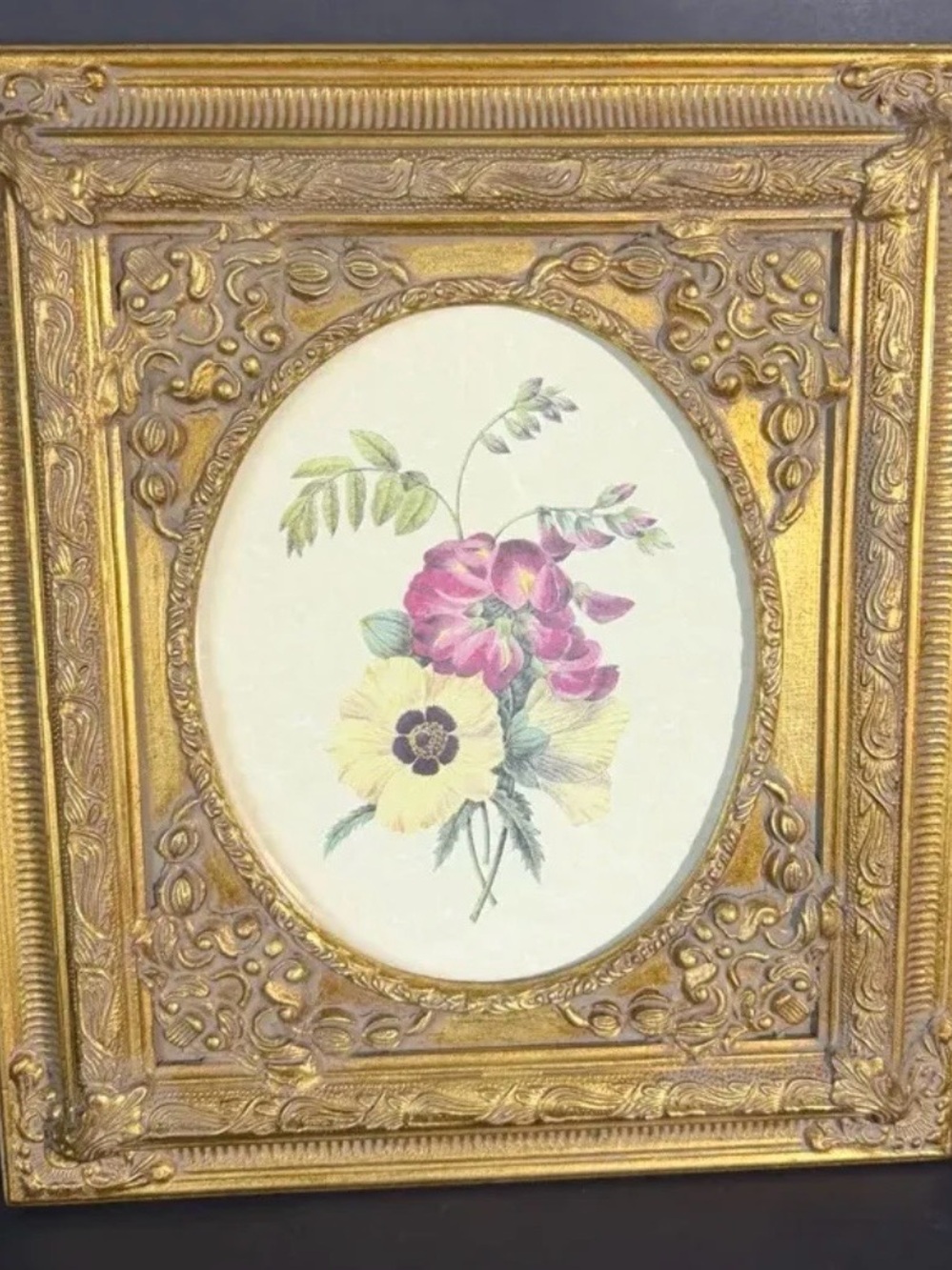 Ornate Gold Framed Floral Print - Pink & Yellow Bouquet